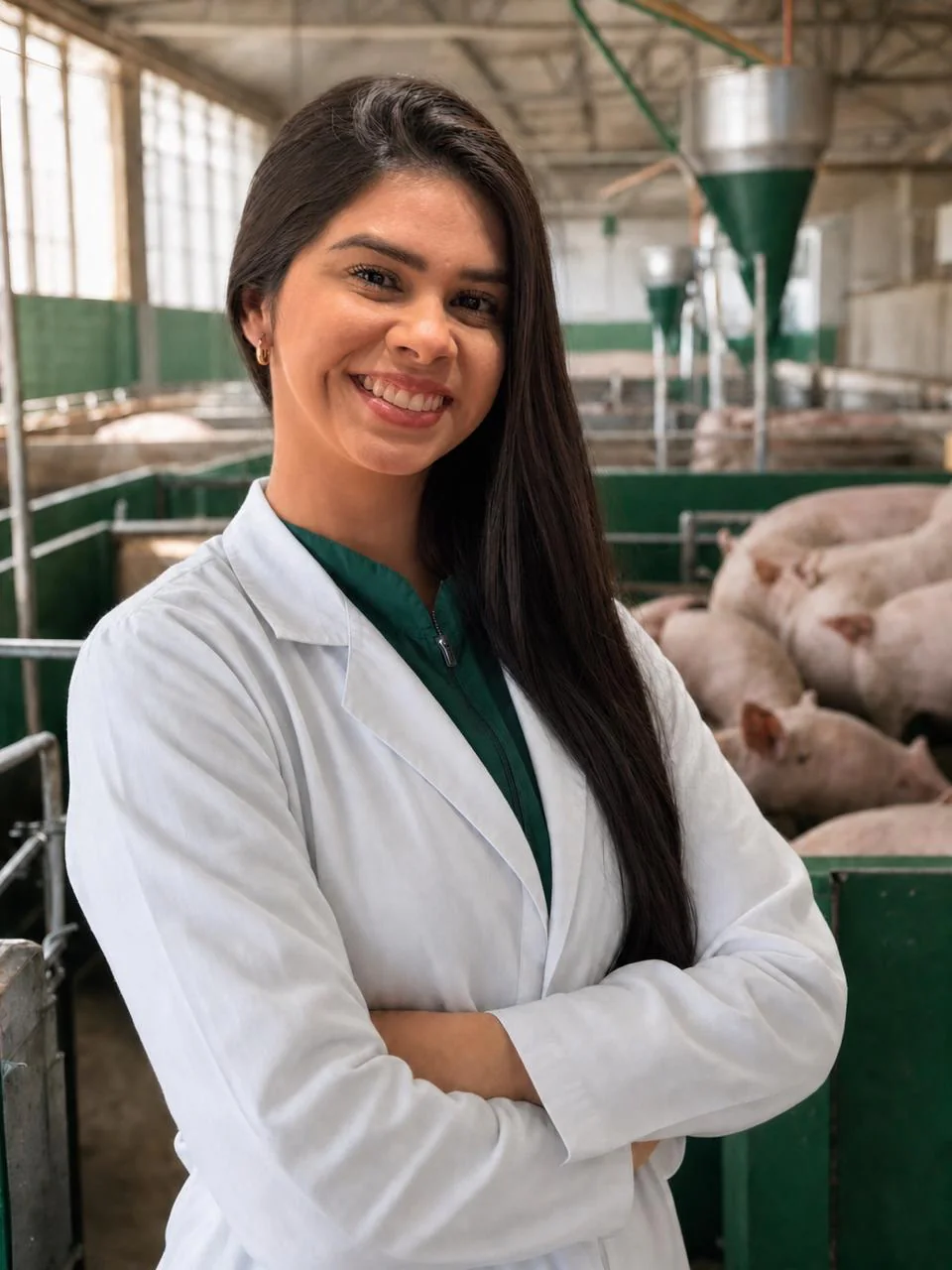 Brenda Assunção em uma unidade de produção de suínos