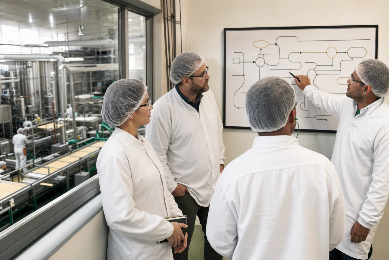 Equipe de gestão analisa mapa de processos e indicadores ao lado de uma fábrica de alimentos