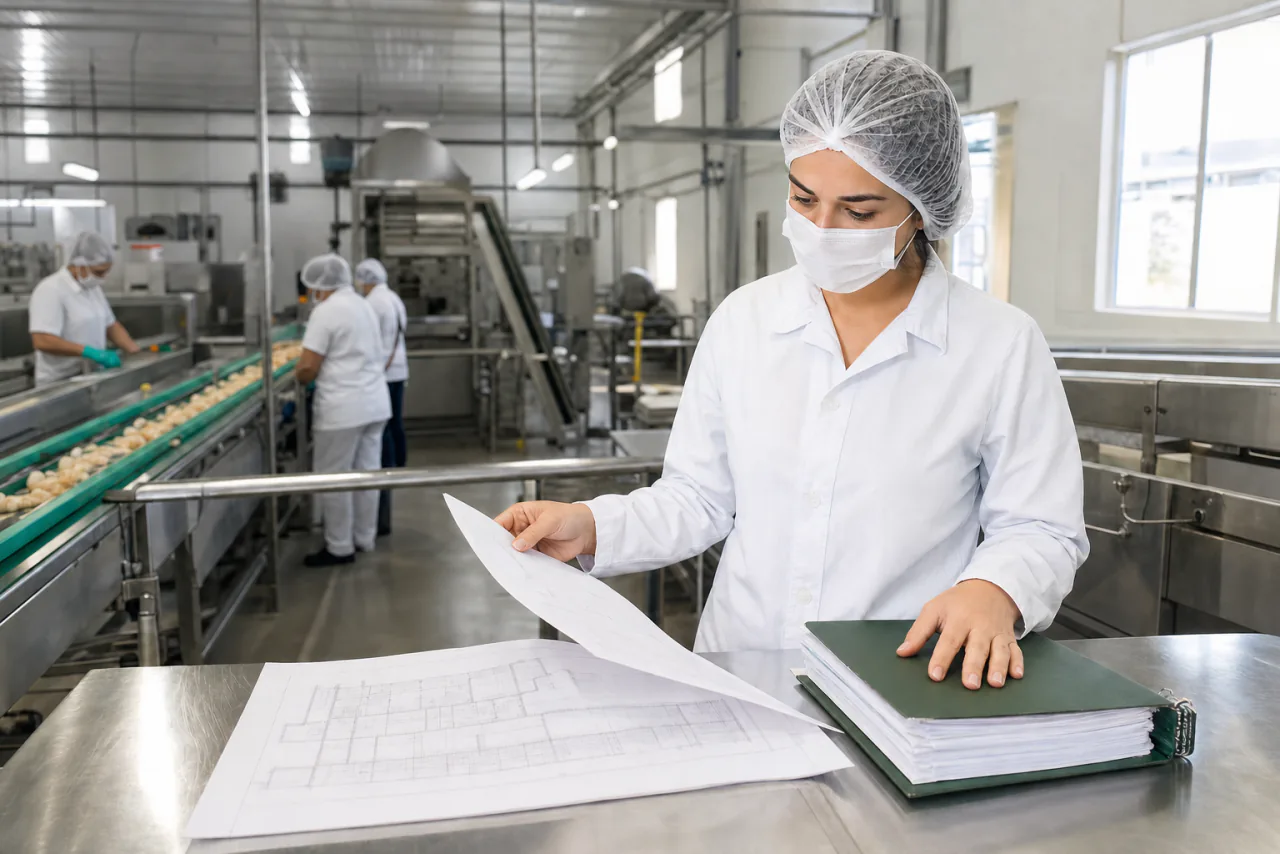 Consultora analisa planta e documentos sanitários dentro de uma indústria de alimentos