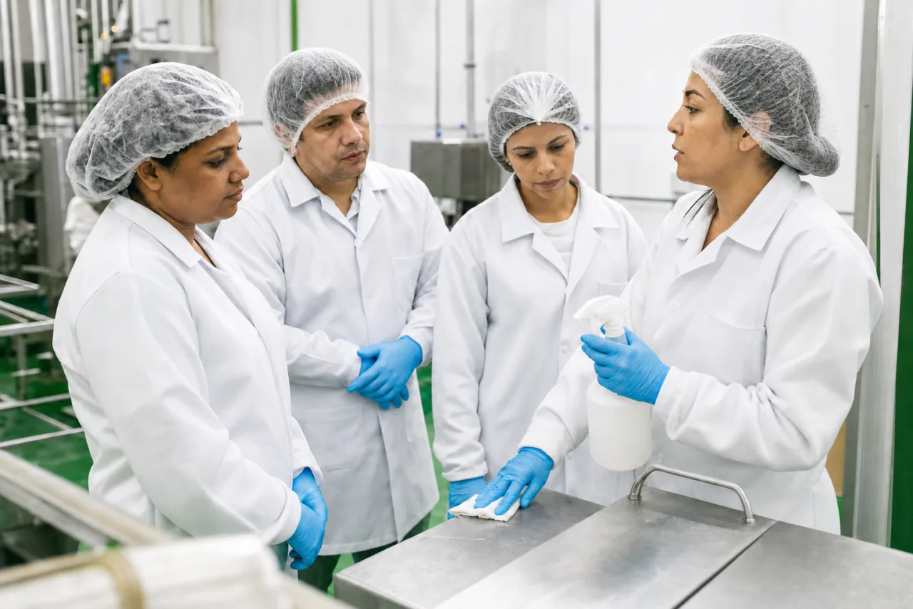 Instrutora demonstra uma prática de higienização para equipe de indústria de alimentos